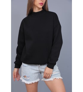Rana Kadın Siyah Balıkçı Yaka Üç İplik Sweatshirt RANA-3664