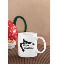 Sensin Uğursuz-Kara Kedi Baskılı Eğlenceli Komik Hediyelik Beyaz Kupa Bardak