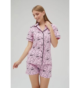 Lisanslı Düğmeli Pembe Kısa Kollu Pijama Takım