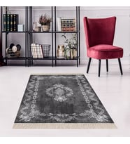Osmanlı Desen Çerçeveli Dijital Baskı Yıkanabilir Kaymaz Taban Klasik Salon Halısı ve Yolluk (K.Gri) (Koyu Gri)