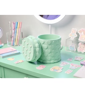 3D Baskı Kabartma Kalp Desenli Kapaklı Kalemlik - Masaüstü Organizer - Mint