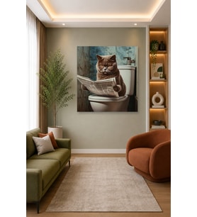 Tam Renk Tekli Kare Banyo Gazete Okuyan Gri British Kedi Dekoratif Kanvas Duvar Tablosu