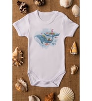 Unisex Beyaz Bebek Balina Baskılı Çıtçıtlı Body