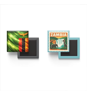 Buzdolap Magnetleri - Zambiya Bayrağı ve Lusaka Posta Pulu Tema - 2'li Set Magneti