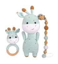 Amigurumi Zürafa Kapi Set - Zürafa Oyuncak/Diş Kaşıyıcı/Emzik Zinciri - Anatoya (Mavi)