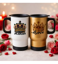 BK Gift Kişiye Özel Sevgili Çift Tasarımlı 2’li Kulplu Beyaz&Gold Çelik Termos Mug 450 ml -16, Sevgiliye Hediye, Sevgililer Günü Hediyesi