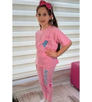Pembe Stitch Kısa Kollu Taytlı Çizgi Karakter Baskılı Kız Çocuk 2li Takım