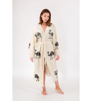 Müslin Kimono %100 Pamuklu Deve Baskılı Desenli Bornoz Kaftan Sabahlık (Ekru)