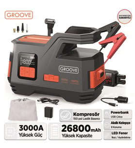 GROOVE JS006 26800mAh 3000A Akü Takviye Cihazı + Lastik Şişirme Kompresörlü Taşınabilir Jump Starter (Kompresör+Powerbank+Led Lamba+LCD Ekran) (Siyah)