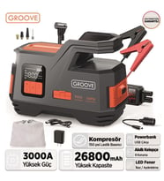 GROOVE JS006 26800mAh 3000A Akü Takviye Cihazı + Lastik Şişirme Kompresörlü Taşınabilir Jump Starter (Kompresör+Powerbank+Led Lamba+LCD Ekran) (Siyah)