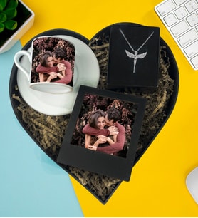 Kişiye Özel Premium Kalp Kutu Lüx Türk Kahve Fincanı Siyah Masaüstü Fotoğraf Çerçeve Gümüş Kaplama Melek Kolye