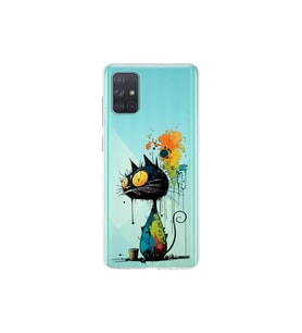 Samsung Galaxy A71 ile Uyumlu Splash Kedi Tasarımlı Şeffaf Silikon Kılıf