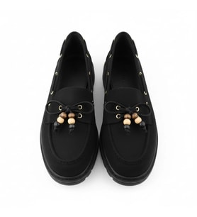 Kadın Yüksek Kaymaz Taban Siyah Süet Boncuklu Bağcıklı Loafer Oxford Ayakkabı
