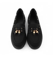 Kadın Yüksek Kaymaz Taban Siyah Süet Boncuklu Bağcıklı Loafer Oxford Ayakkabı