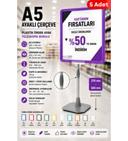 5 Adet - A5 Ayaklı Çerçeve Seti Plastik Ördek Ayak Teleskopik Borulu Fiyat Etiketliği Yönlendirme Levhası Menü Panosu Mor