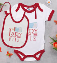 BK Kids Lady Of The Piiz Tasarımlı Kırmızı Bebek Body Zıbın ve Mama Önlüğü Hediye Seti-1