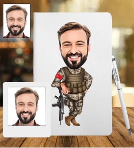 Kişiye Özel Asker Tasarımlı Karikatür Deri Defter & Metal Tükenmez Kalem + Ahşap Çerçeve hediye 88