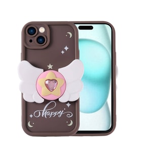 iPhone 15 Plus Kılıf Kamera Korumalı Figürlü Tasarım Silikon Kapak (Koyu Kahve)