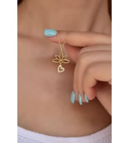 Gümüş Altın Kaplama Taşlı Kalp Lotus Çiçeği Kolye 925 Ayar