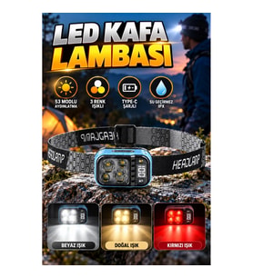 Type-C Şarjlı Su Geçirmez LED Kafa Lambası – 53 Modlu, 3 Renk Işıklı ve Güç Göstergeli