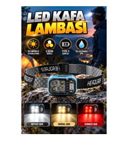 Type-C Şarjlı Su Geçirmez LED Kafa Lambası – 53 Modlu, 3 Renk Işıklı ve Güç Göstergeli