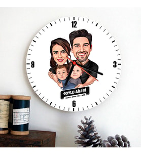 2 Çocuklu Canım Ailem Hediye Karikatürlü Duvar Saati
