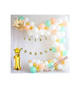 1 Yaş Beyaz Somon Yeşil Makaron Zincir Balon Seti