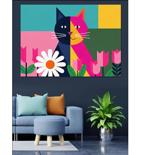 Pop Art Renkli Kedi Portresi Dekoratif Kanvas - Mdf Ahşap Tablo
