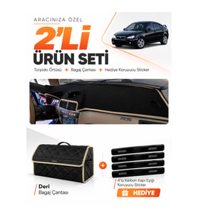 PROTON GEN 2 (2004-2011) Uyumlu Torpido Örtüsü + Deri Bagaj Çantası + Sticker Seti - Siyah Bej