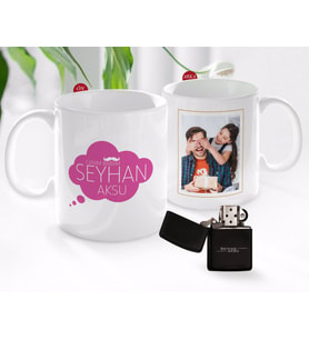 BK Gift Kişiye Özel Babalar Günü Hediyesi Fotoğraflı Kupa Bardak ve Benzinli Çakmak Seti-29 (Model 1)