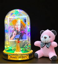 Sizlere Özel Renkli Led Işıklı Biblolu Fanus ve Pembe Peluş Ayıcıklı Anahtarlık (Model 5)
