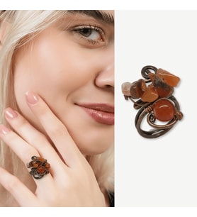 Bakır Bronz Alaşım Kadın Yüzük - Amorf Kırmızı Akik Doğaltaşlı - Retro Tasarım - Ayarlanabilir Ölçü