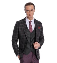 Mor Yelekli Slim Fit Ekose Siyah Erkek Takım Elbise - Wessi