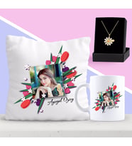 BK Gift Kişiye Özel Çiçekli Çerçeve Yastık Kupa ve Papatya Kolye Seti (Model 1)