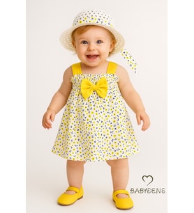 BABYDEN'S Kız Bebek Çiçek Desenli Fiyonklu Yazlık Elbise Şapkalı Takım Pamuklu Sarı Çiçekli Bebek Kombini