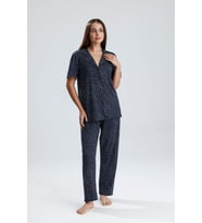 Kadın Düğmeli Puantiye Desen Kısa Kollu Pijama Takım  Lacivert