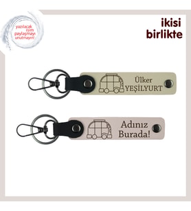 Karavan Hayatına Yakışır Sade Hediye, İsim Yazılabilir Deri Anahtarlık Takım, Sütlü Kahve-Pudra