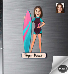 Kişiye Özel Surfcü Kadın Ahşap Magnet -1
