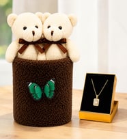 Peluş Saksıda Peluş Ayıcık Buketi ve Altın Kaplama Baget Montür Kolye Kadına Sevgiliye Arkadaşa Hediye