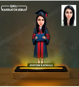 Kişiye Özel Kız Üniversite Mezun Karikatürlü 14 cm MDF Işıklı Biblo - Mezuniyet Hediyesi Yeni Mezuna Hediye