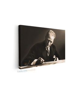 Yatay Kanvas Duvar Tablosu Ataturk Yazi Yazarken Salon Tablosu Ofis Tablosu Ev Hediyesi Dekorasyon