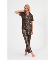 Kadın Yumuşak Dokulu %100 Pamuklu Leopar Desenli Kahverengi Kısa Kollu Gömlek Yaka Pijama Takımı