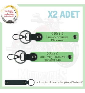 Motosiklet Tutkunlarına, İsim Plaka ve 0 (+) Kan Grubu Yazılı Acil Durum x2 Anahtarlık, F Yeşil-Laci (Çok Renkli)