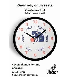 İsme Özel Kedi Çocuk Odası Duvar Saati Orta Boy 30 cm Siyah Camlı Sessiz