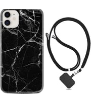 Apple iPhone 11 12 13 Mini Kılıf Boyun Askılı Silikon Fragile Black Mermer 1378