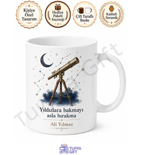 Teleskop Temalı Kişiye Özel Baskılı Kupa Bardak Astronomi Hediye