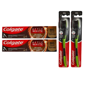 Optic White Kahve, Çay ve Tütün Kullanıcıları Için Süper Clean Black Orta Diş Fırçası + Macun 125 ml