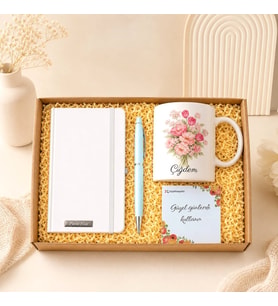 Kişiye Özel Premium Defter Çiçek Desenli Kupa Bardak & Kalem Hediye Seti