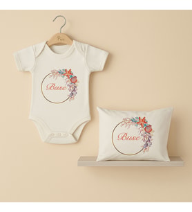 Pia Baby Premium %100 Pamuk İsme Özel Organik Baskılı Çıtçıtlı Bebek Body Ve Yastık Kılıfı 5031-19 (Ekru)