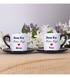 Anneye Hediye ANNE KIZ Tasarımlı ve İsimli 2'li Türk Kahvesi Fincan Takımı - siyah tabaklı